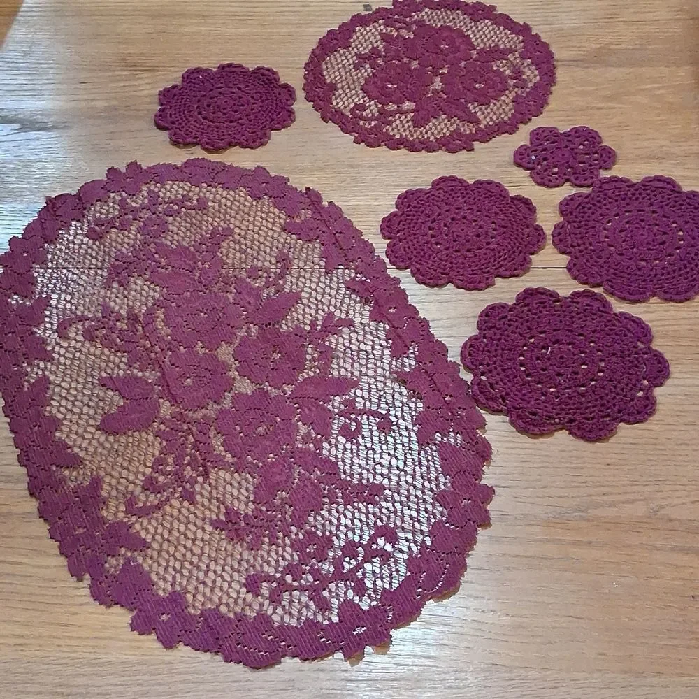 Heritage Lace Center Mat(2) & Crocheted Jewel‎ Tone Doilys(5)